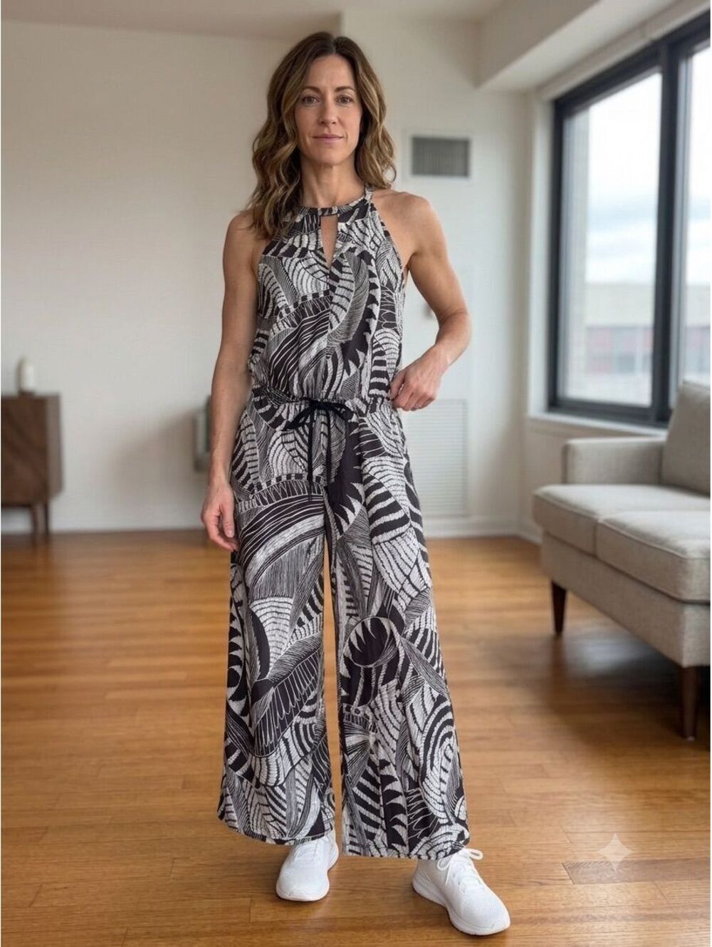 Athleta Women’s 4/Small (IS: 19”) Halter Black White Tropical Jumpsuit Wide Leg